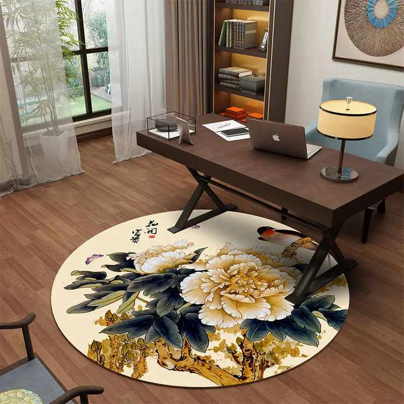 120x120cm Living Room Round Carpet Chinese Style Floral Round Carpet Rug Home Decoration Bedroom Office Study Chair Mat Washable
