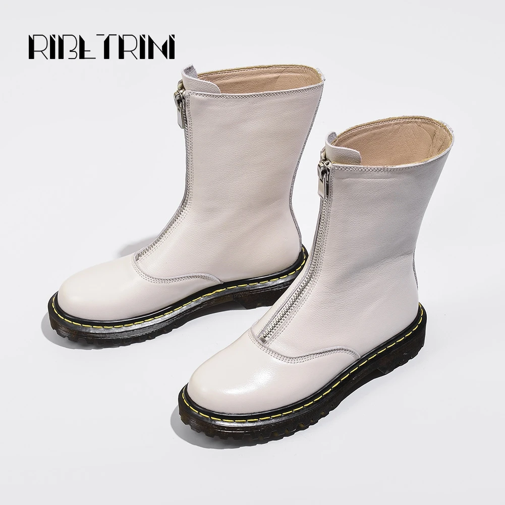 

RIBETRINI Fashion Designer Low Heels Round Toe Platform Zipper Closure Mid Calf Motorcycle Boots Winter Autumn Shoes