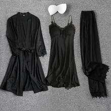 Черная женщина 3 шт ремень Топ Брюки Костюм Пижама комплекты одежды для сна Весенняя домашняя ночная рубашка соблазнительное кимоно Халат