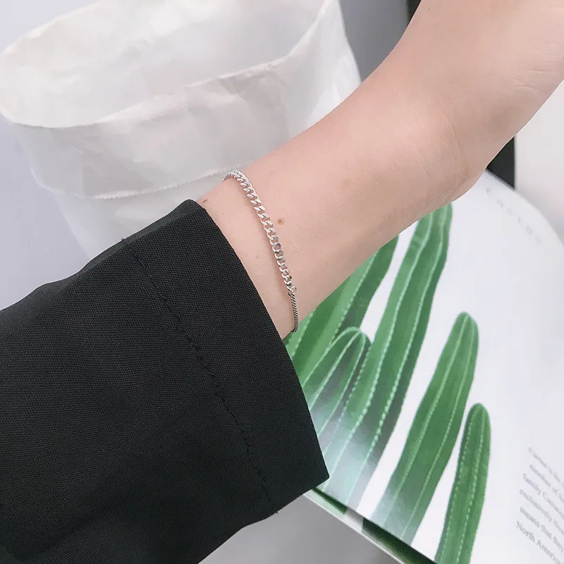 POFUNUO 925 Sterling Silver Women Vintage Chic Link Chain Bracelets Women Minimalist Personality Splicing Bracelet Fine Jewelry