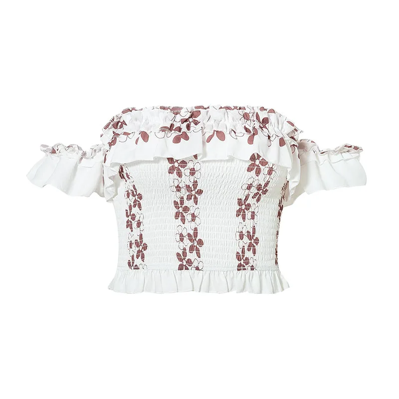 Мэлегант со складками, с открытыми плечами камзол твист сексуальный Camis короткий пляжный топ с принтом лето новая горячая распродажа укороченные топы женские рубашки - Цвет: Бежевый