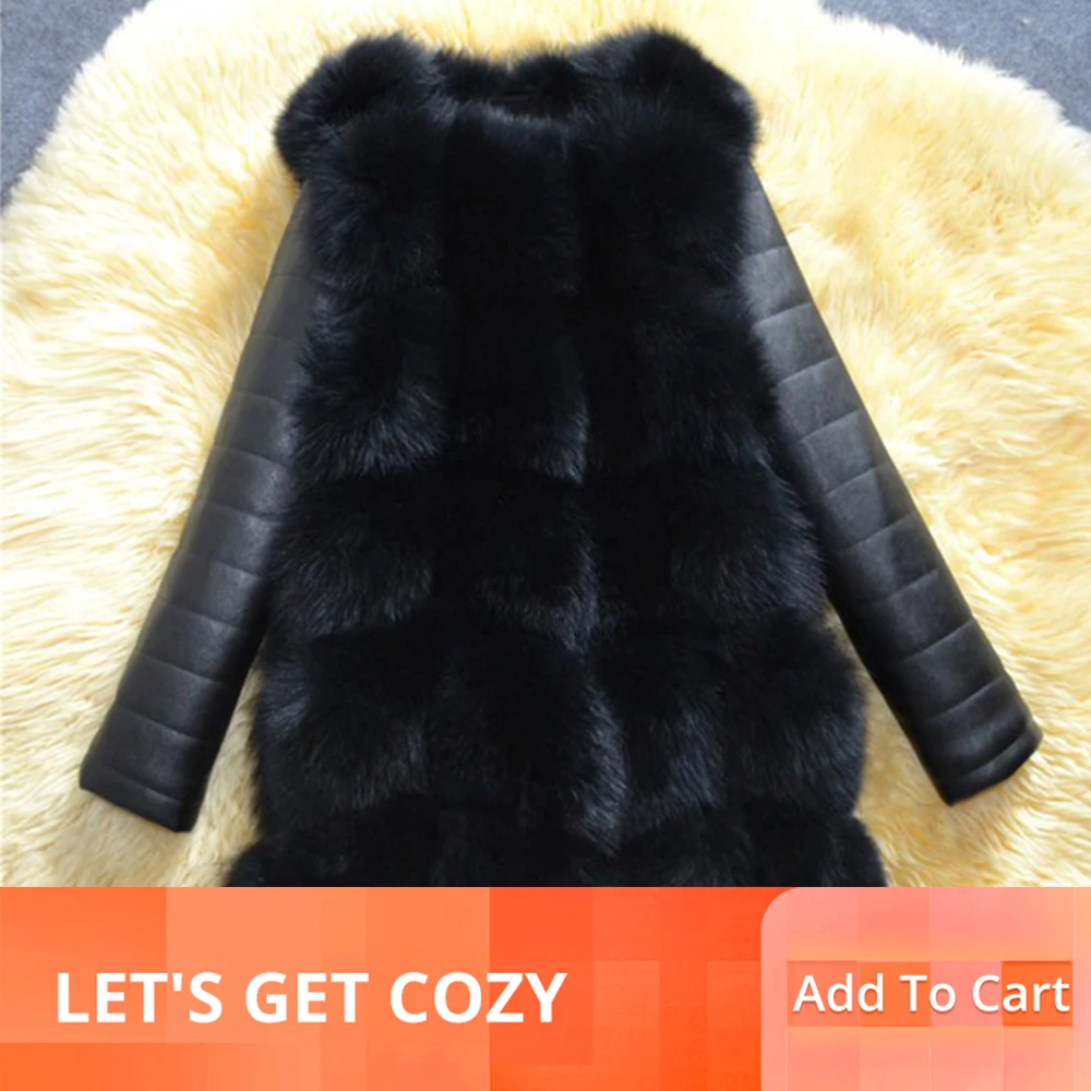 

2019 Winter New High Quality Artificial Fur Coat PU Sleeves Thick Warm Black Coat Women Faux Fox Coat Outerwear Gray LJLS115