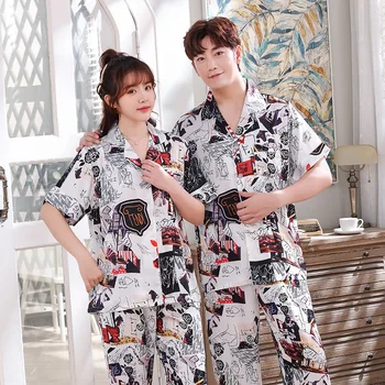 

New Style Pajamas Female Summer Short Sleeve Thin Viscose Couples Tracksuit Men'S Plus-Sized Graffiti Model Silk
