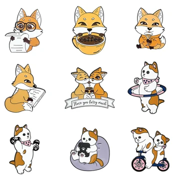 

12pcs/lot E2340 Funny Cartoon Fox Metal Enamel Pins Brooches for Women Men Cat Animal Lapel Pin Backpack Bags Badge Gift Jewelry