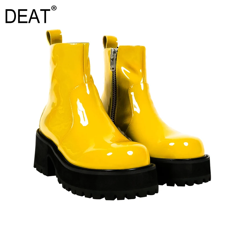 

[DEAT] 2019 Round Toe Zipper Patent Leather Personality Casual Single Women Short Boots New Spring Summer Fashion Tide 10D611