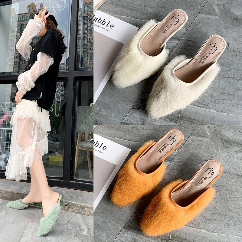 

Shoes Woman 2019 Mules Women Luxury Slides Thin Heels Socofy Slippers Fur Med Butterfly-knot Cover Toe Flock New Designer Soft