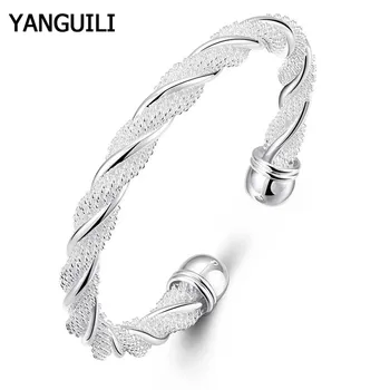 

100% New Fashion 925 Silver Bangles Simple Geometric Twisted Wire Open Bangles Female Male Silver Jewelry