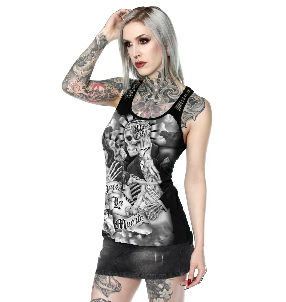 Women's Summer Fantastic Gothic Style Skull Girl Tank Tops Sexy Backless Vest Tops Tee Casual T-Shirt Femme