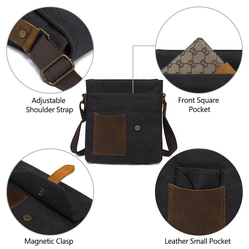 VASCHY Lightweight Irregular Men's Small Messenger Bag Vintage Cowhide Leather Water Resistant Canvas Crossbody Shoulder Bags