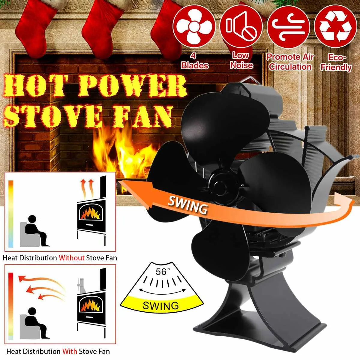 

Black Swing Fireplace 4 Blade Heat Powered Stove Fan Log Wood Burner Eco Friendly Quiet Fan Home Efficient Heat Distribution