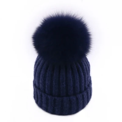 Зимняя женская винтажная вязаная шапка Skullies, женская теплая шерстяная Круглая Шапочка, шапки с настоящим помпон из меха енота Gorro, Лыжные шапки для девочек, новинка - Цвет: Blue - Fox Fur