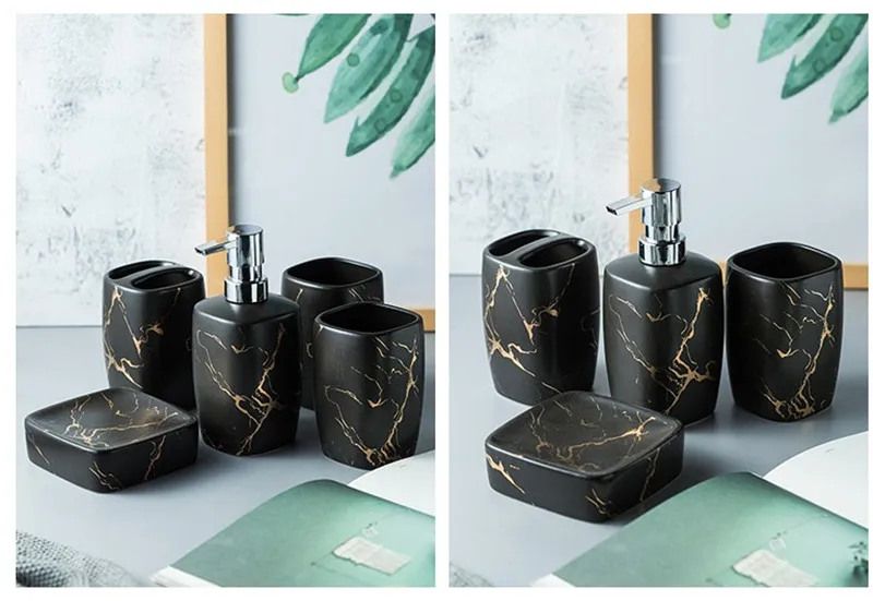 Wedding Gift Ceramic Mug Set Imitation Marble Ceramic Bathroom five-pieces Set with Ceramic Tray Soap Dish Bathroom Decoration