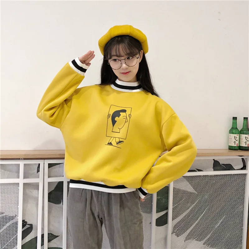 Забавный мультяшный Принт толстовки Толстовка Kpop толстовки женские Лоскутные негабаритные корейские пуловеры с длинным рукавом зимняя Толстовка