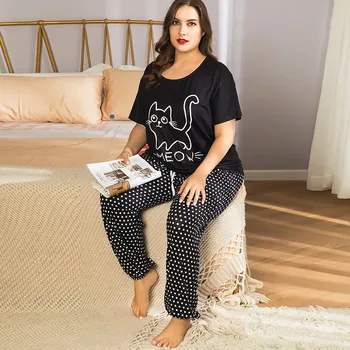 

Womens Home Clothing Plus Size Summer Lounge wear O-neck Short Sleeve Cat Printed Black Pajama Set Sleep Clothing ( Tops +Pants)