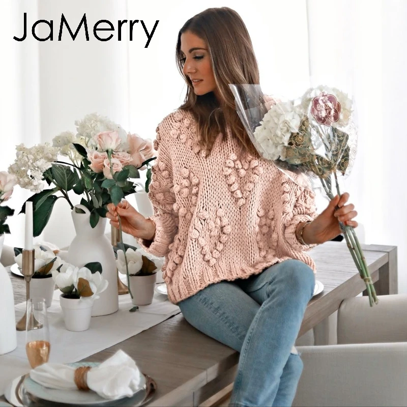 JaMerry, Винтажный Розовый Пушистый осенний зимний свитер, Женский Повседневный пуловер с длинным рукавом, модный шикарный Свободный вязаный джемпер