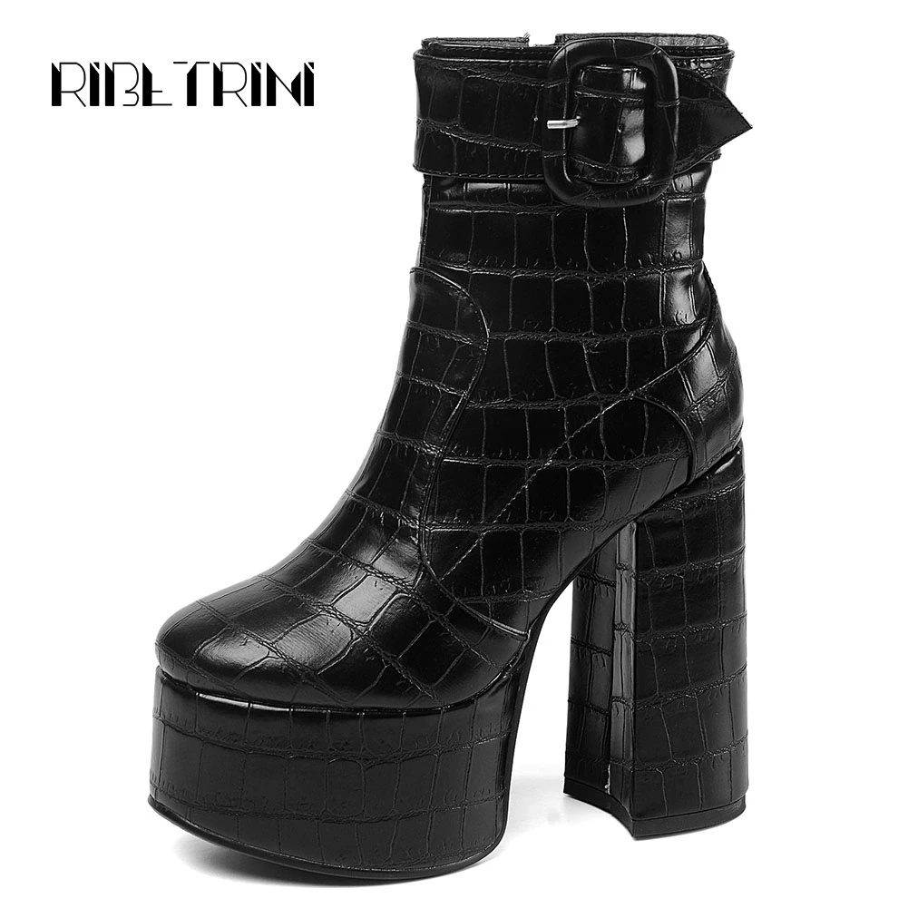 

RIBETRINI Fashion Women High Top Ankle Boots Vintage Square High Heels Platform Shoes Woman Party Wedding Dress Buckle Boots