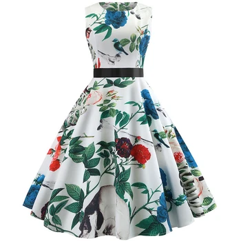 

Women Vintage Dress Tunic Summer Floral Printed Retro Hepburn Rockabilly Elegant Party Dresses Causal Slim Midi Dresses Vestidos