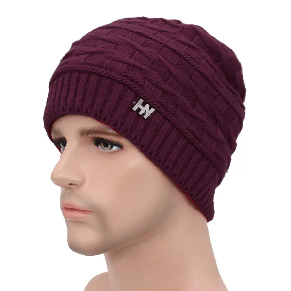 wine red Брендовые зимние вязанные шапочки Skullies Beanies мужские зимние шапки для мужчин женская шапка-маска теплая Толстая Мужская однотонная зимняя шапка - Цвет: wine red