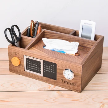 

Wooden Office Storage Holder Home Desktop Storage Box with Calendar Pen Holder Tissue Box Multifunctional Storage Organizer