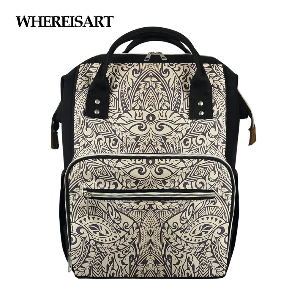 

WHEREISART Hot Style Hawaii Polynesian Tribe Pattern Print Women Large Backpack Muti-functional Mommy Bag Canvas Bag Mochila