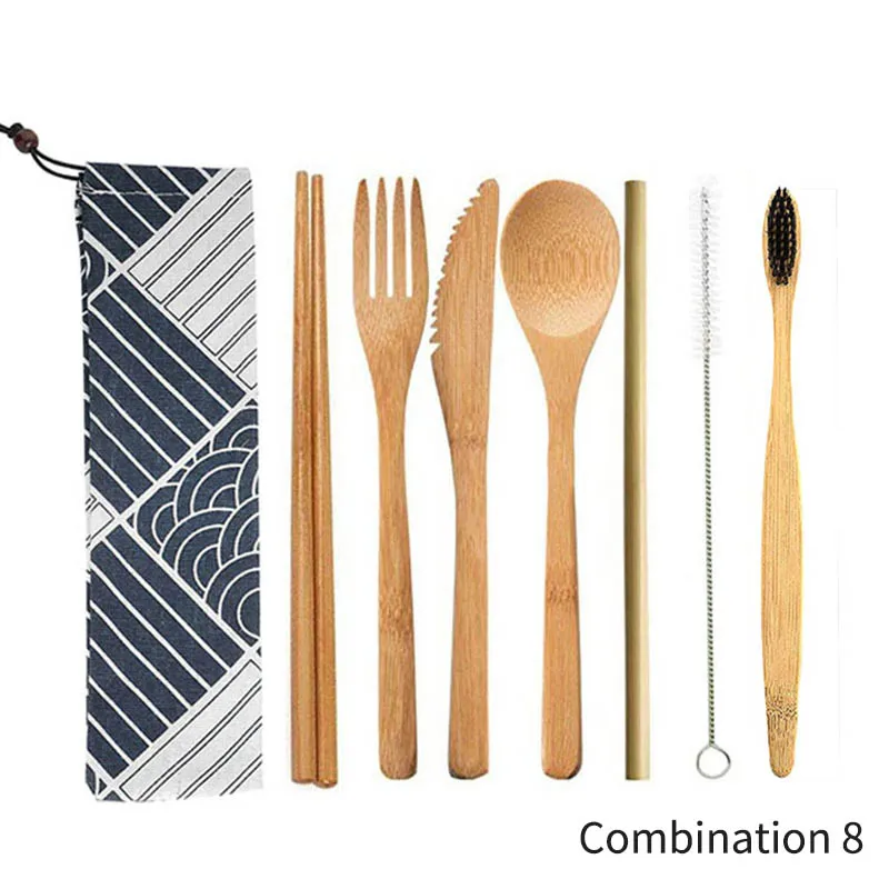 Combination 8 Палочки для еды, соломенный портативный нож, вилка, ложка, 1 набор кухонных столовых приборов, многоразовые бамбуковые столовые приборы, тканевая сумка, дорожные инструменты - Цвет: Combination 8