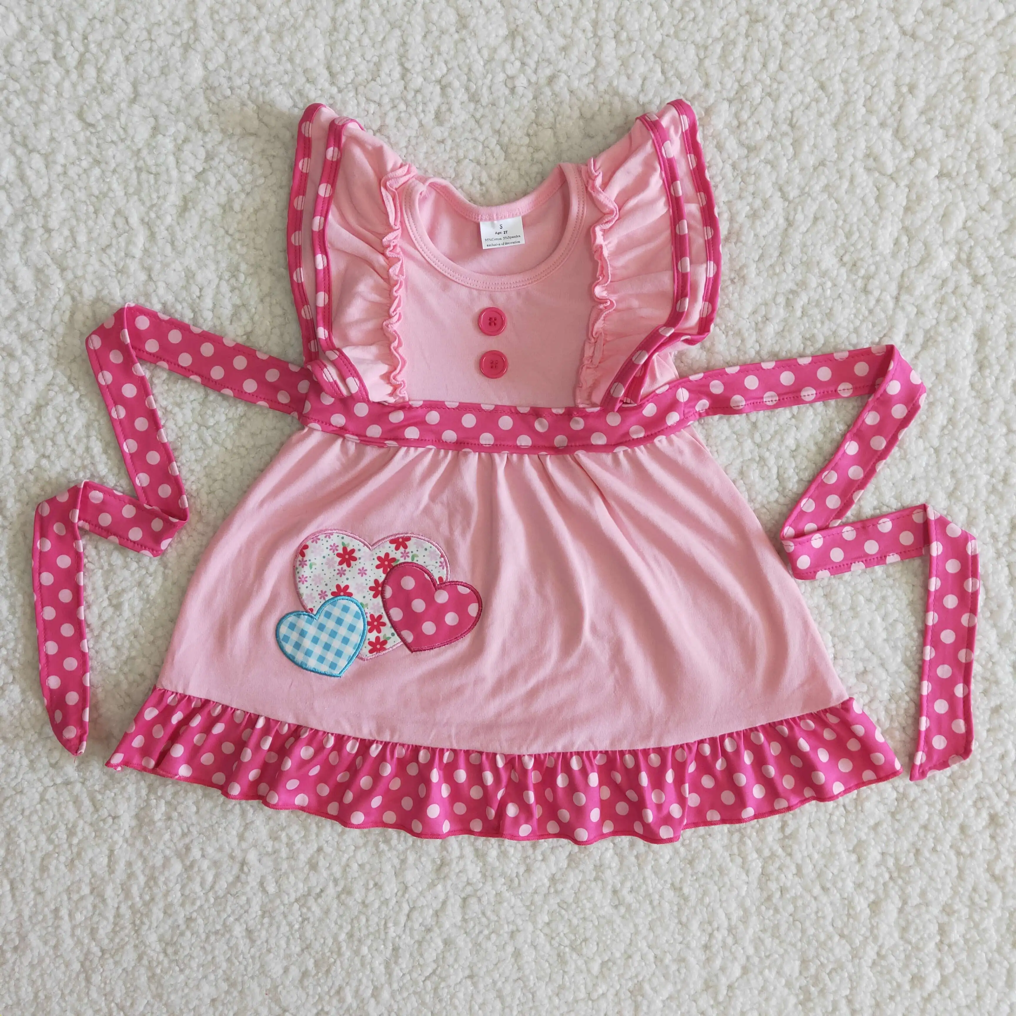 Valentine Day Dress Pink Embroidery Love Heart Kids Girl Clothing Sets Fly Sleeve Polka Dots Colorful Party RTS | Детская одежда и