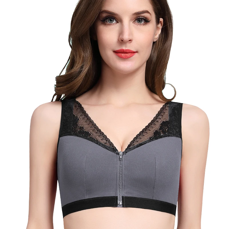 

Push Up Front Zipper Closure Wire Free Lace Patchwork Grey Beige Bra for Women , Womens Sexy Bras Lingerie for Big Breasted