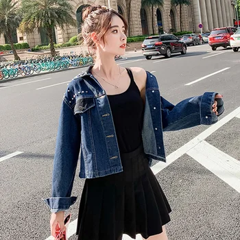

Women Jacket Autumn Spring Thin Jacket Casual Fashion Slim Beading Decoration Denim Jackets Female Short Tops Denim Blue Jackets