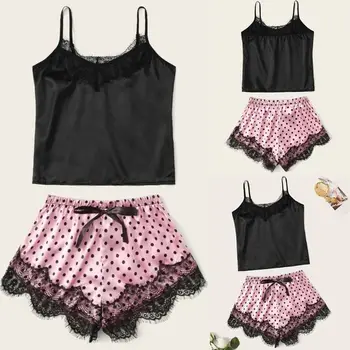 

Women Summer Sexy Eyelash Lace 2Pcs Pajamas Set V-Neck Camis Top Bowknot Polka Dot Shorts Silky Lingerie Nightwear