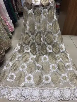 

African Lace Fabric High Quality Nigerian Pure cotton Embroidery with Beads Rhinestone French Net Lace Fabric for Women 5yards