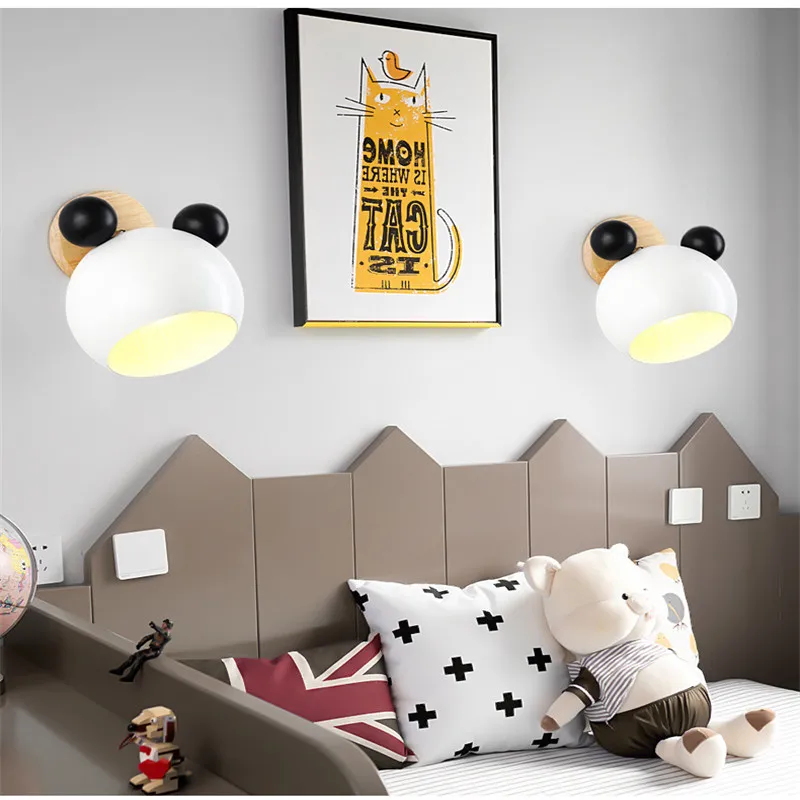 Креативный деревянный настенный светильник с Микки Маусом, скандинавский светодиодный светильник с макароном, E27, 5 цветов, настенный светильник для чтения детей, прикроватный светильник для спальни