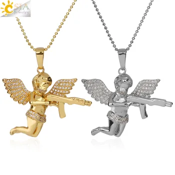 

CSJA Golden Silver Color Little Angel Metal Pendant Zircon Handgun Hip Hop Rock Men Necklaces Pave CZ Women Fahsion Jewelry G235