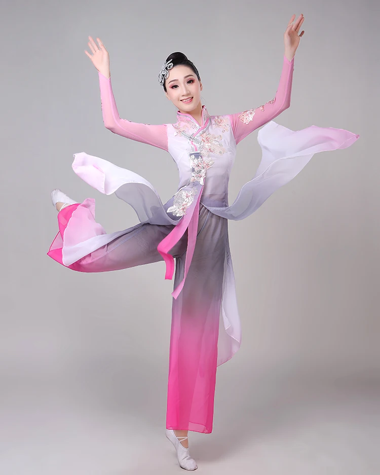 Китайский стиль Hanfu Классическая танцевальная одежда женская Танцевальная Марля элегантный китайский народный танец костюм для женщин серый розовый