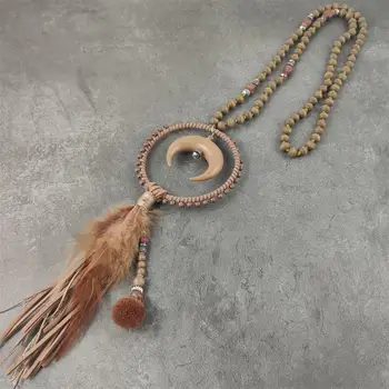 

New style Tassel Feather Bohemian Long Necklace pompom Sweater Wood Chain Jewelry Exaggerated Design Leather Moon Dropshipping