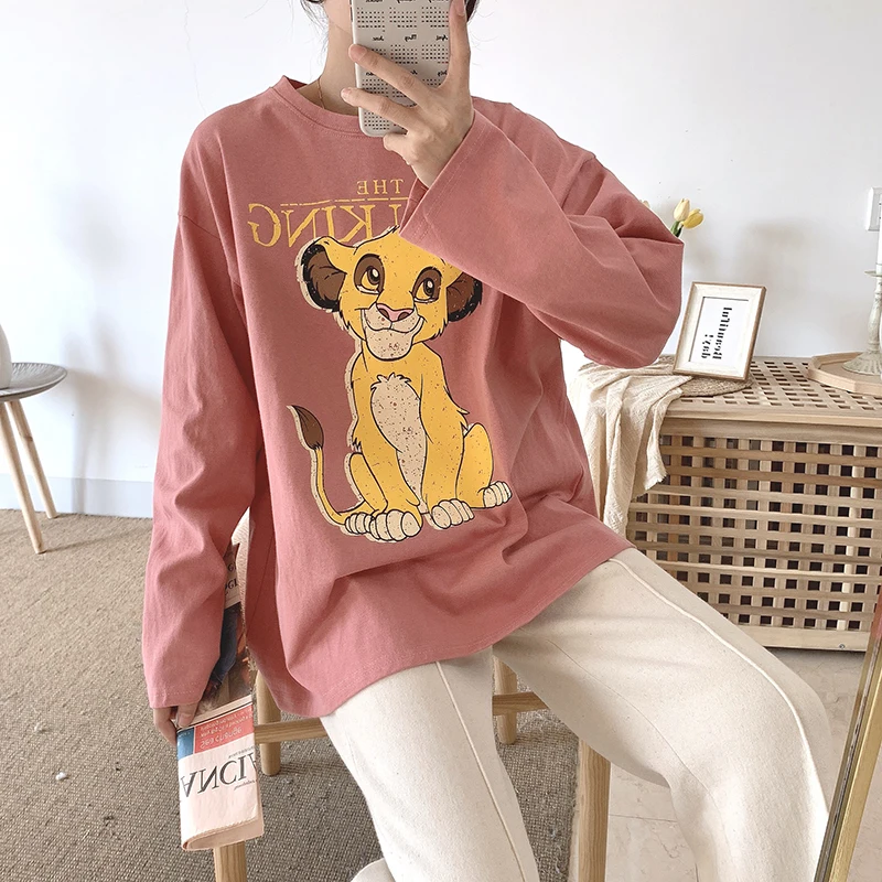Pink Женские футболки с мультяшным принтом Король Лев Харадзюку, футболки с длинным рукавом и круглым вырезом Kawaii, повседневные летние топы, Свободные корейские W284 - Цвет: Pink