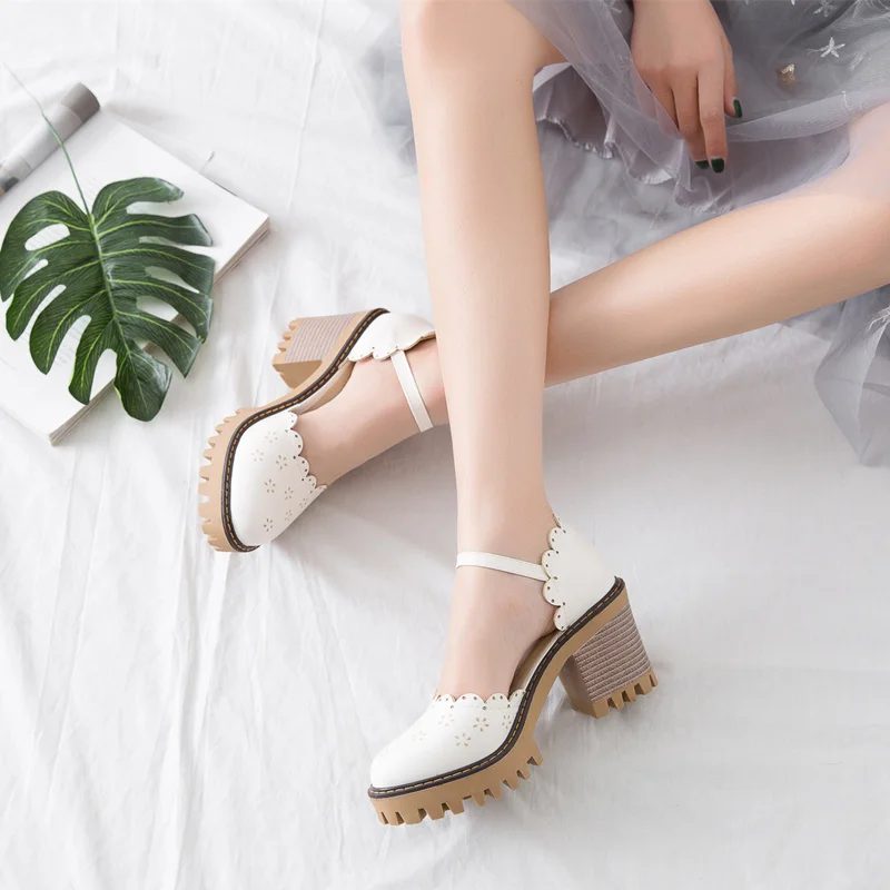 Корейский стиль Харадзюку, с круглым носком, японский Mori Girl; винтажный стиль, с вырезами, массивный каблук, большие размеры 33-43, обувь в стиле «лолита»
