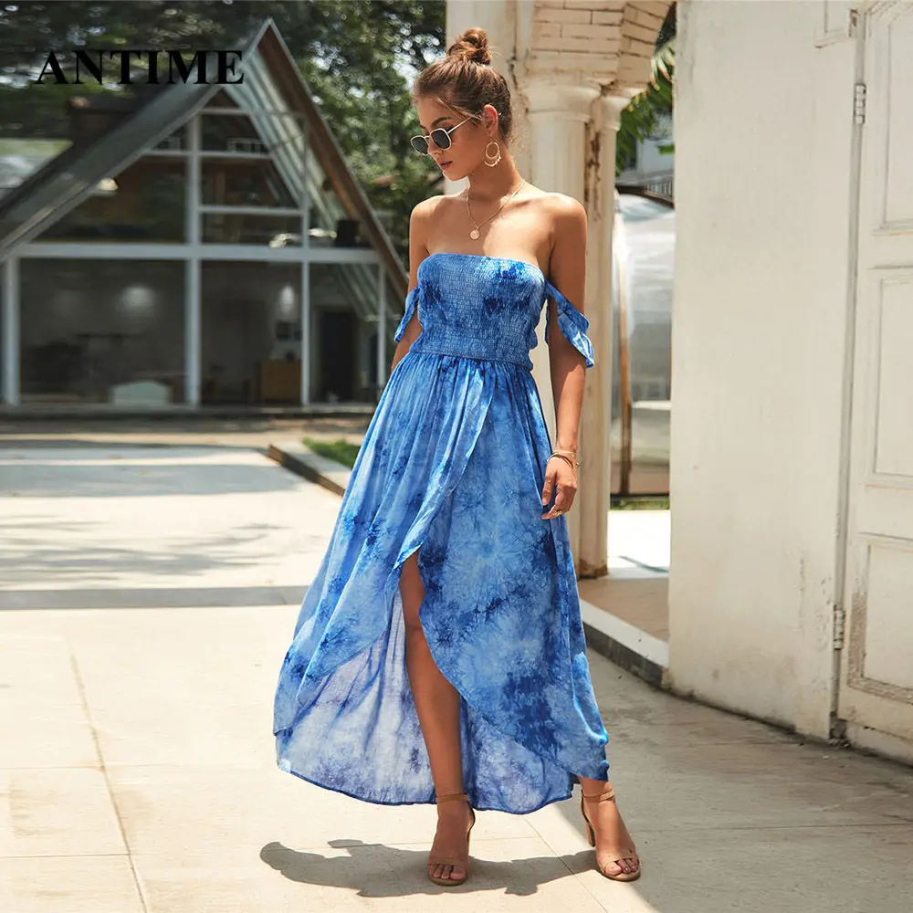 

Antime Fashion Off Shoulder Dress Women Sleeveless Slash Neck Boho Beach Long Chiffon Summer Print Maxi Dresses Women Clothing