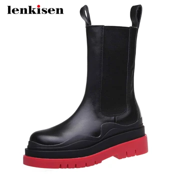 

Lenkisen big size motorcycle boots genuine leather platform thick high heel round toe slip on handsome modern mid-calf boots L03