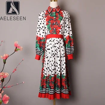

AELESEEN Runway Fashion Spring Autumen Dress Women's Long Sleeve Flower Print Dots Dress Beading Pleated Elagant Party Dress