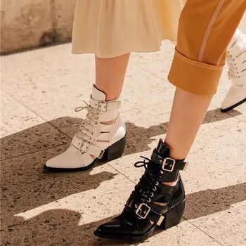 

Cut Out Design Ankle Boots Lace Up Belt Martin Boots Chunky Heel Black Leather Shoes Pointed Toe White Booties