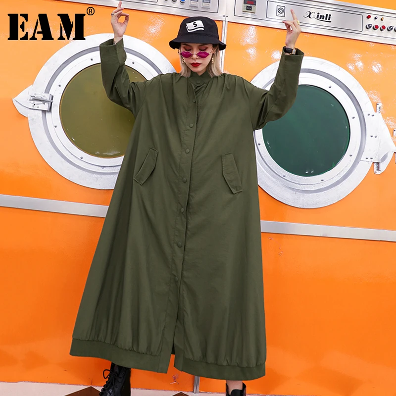 

[EAM] Women Green Big Size Long Trench New stand collar Long Sleeve Loose Fit Windbreaker Fashion Tide Autumn Winter 2019 1B296