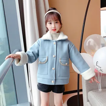 

Children Winter Short Overcoat Sweet Toddler Girl Long Sleeve Thicken Velvet Casual Coat Blue Green Color Outerwear Kids Clothes