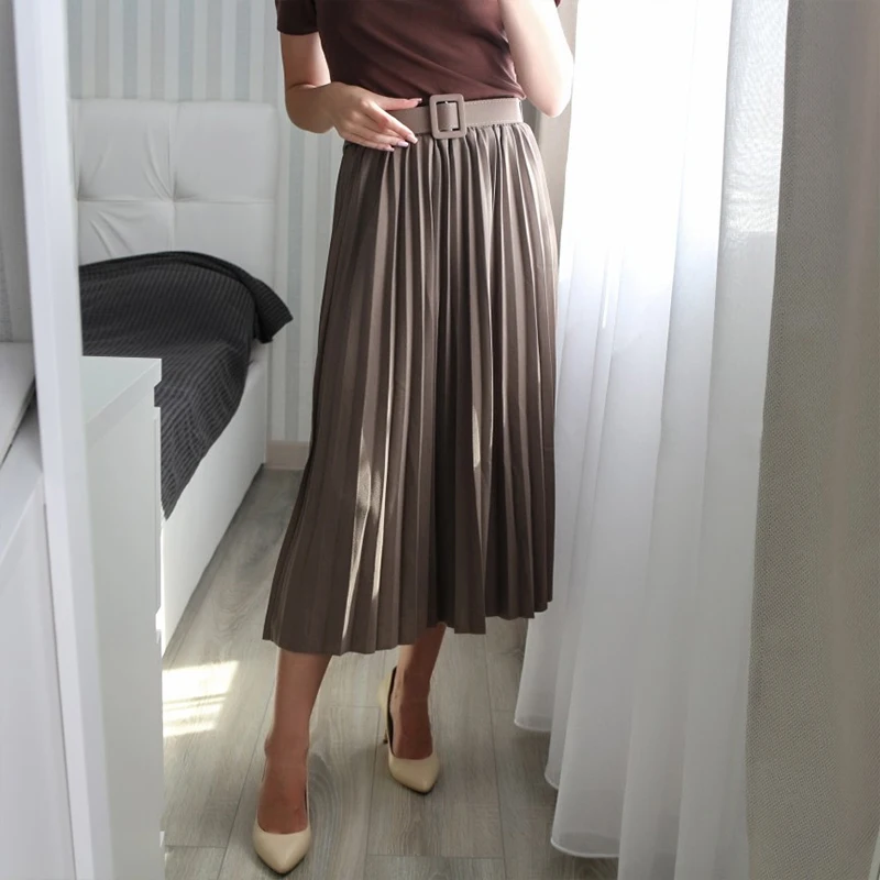Simplee Fashion A-line women pleated skirt Stripe loose 20 color skirt With belt Elegant British style skirt Autumn winter 2020