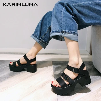 

KarinLuna 2020 Hot Sale Genuine Leather Women Sandals Square Heels Peep Toe Platform Narrow Band Pumps Summer Casual Women Shoes