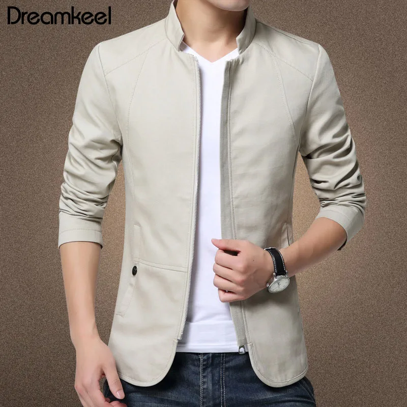 Бежевый Fashion Windbreaker Coat Man British Style Mens Jacket Coat Cotton Solid Casual Jacket Men Slim Fit Stand Jackets Male Y1 - Цвет: Бежевый