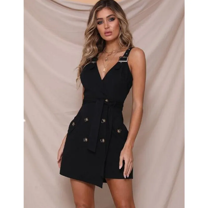 

Women Summer Dress Sexy Short Mini Dress Wide Strap Front Buttons Sashes Pockets V Neck Bodycon Dresses Enteros Mujer Vestidos