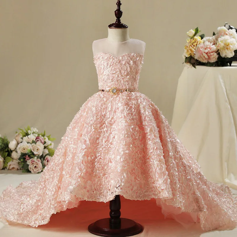 Autumn And Winter New Style Children Wedding Dress Tailing Skirt Pink Child Model Catwalks Piano Performance Formal Dress