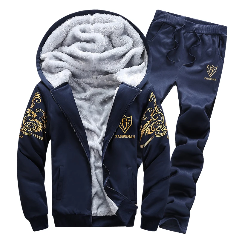 Dark Blue Новинка года распродажа Для мужчин осень и зима Для мужчин корейский модный бутик теплая толстовка Мужская спортивная одежда теплое пальто+ Брюки для девочек - Цвет: Dark Blue
