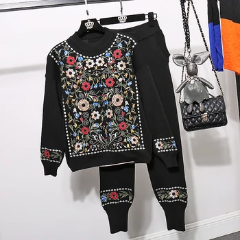 

Embroidery Flowers Tracksuit 2pc Women Long sleeve Knitted Sweater Long Pencil Pants Two Piece Set Loose Black Knit Suit Female