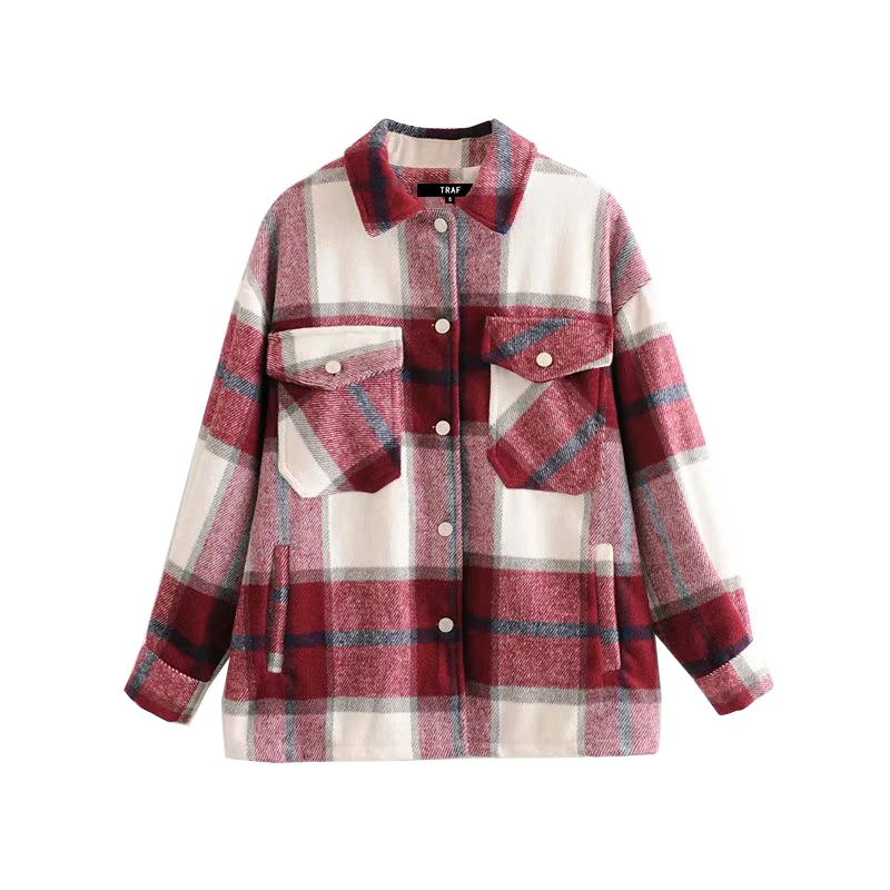 Best  TRAF Women Vintage Stylish Oversized Plaid Jacket Coat Fashion Lapel Collar Long Sleeve Pockets Loo